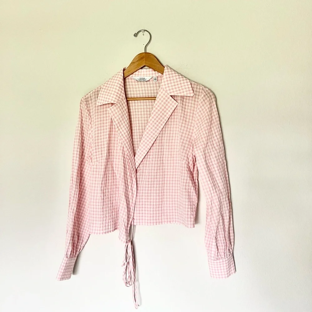 & Other Stories Seersucker Pink White Gingham Wrap Blouse - Picture 6 of 9
